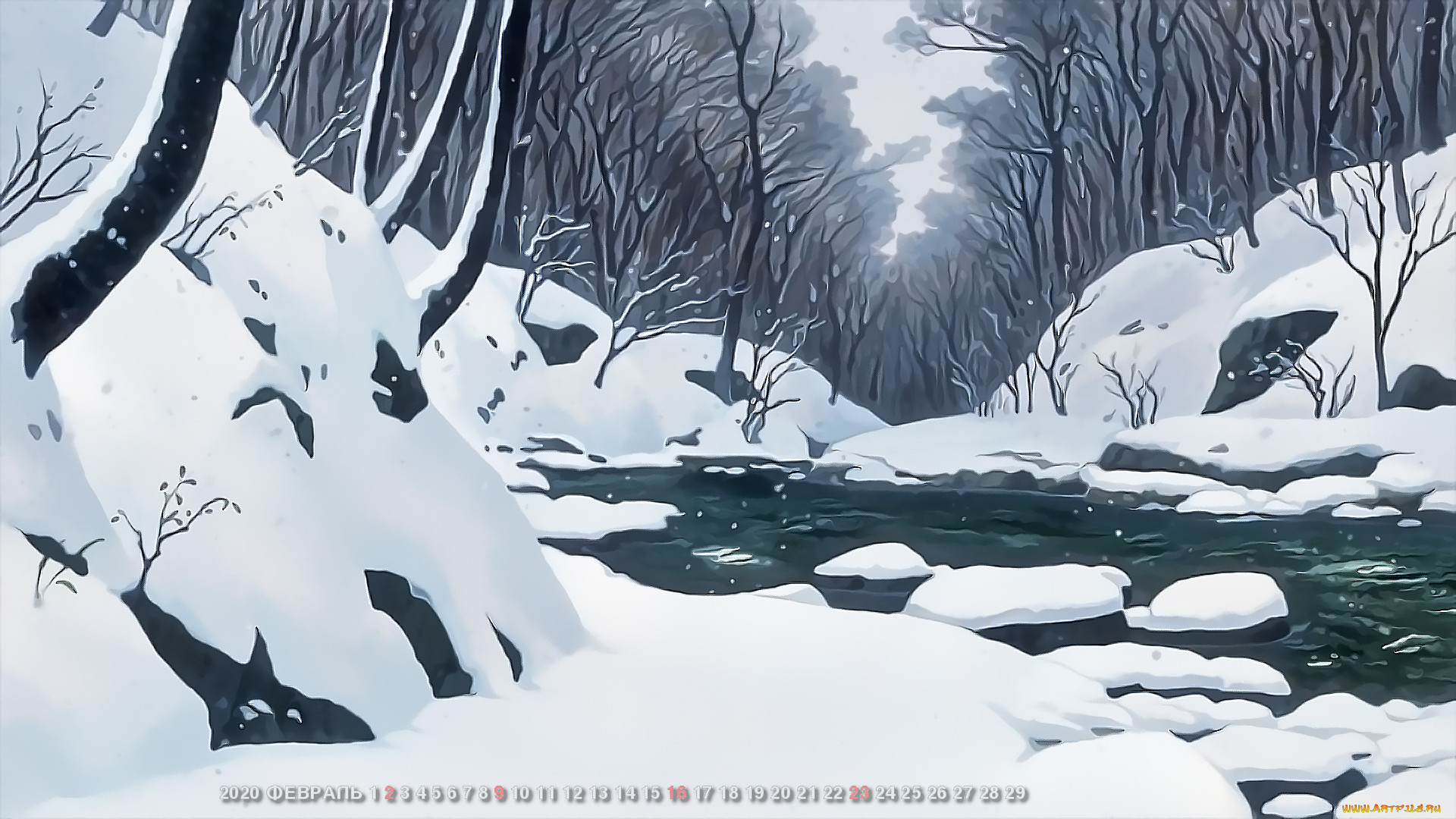 Зимняя река в лесу аниме